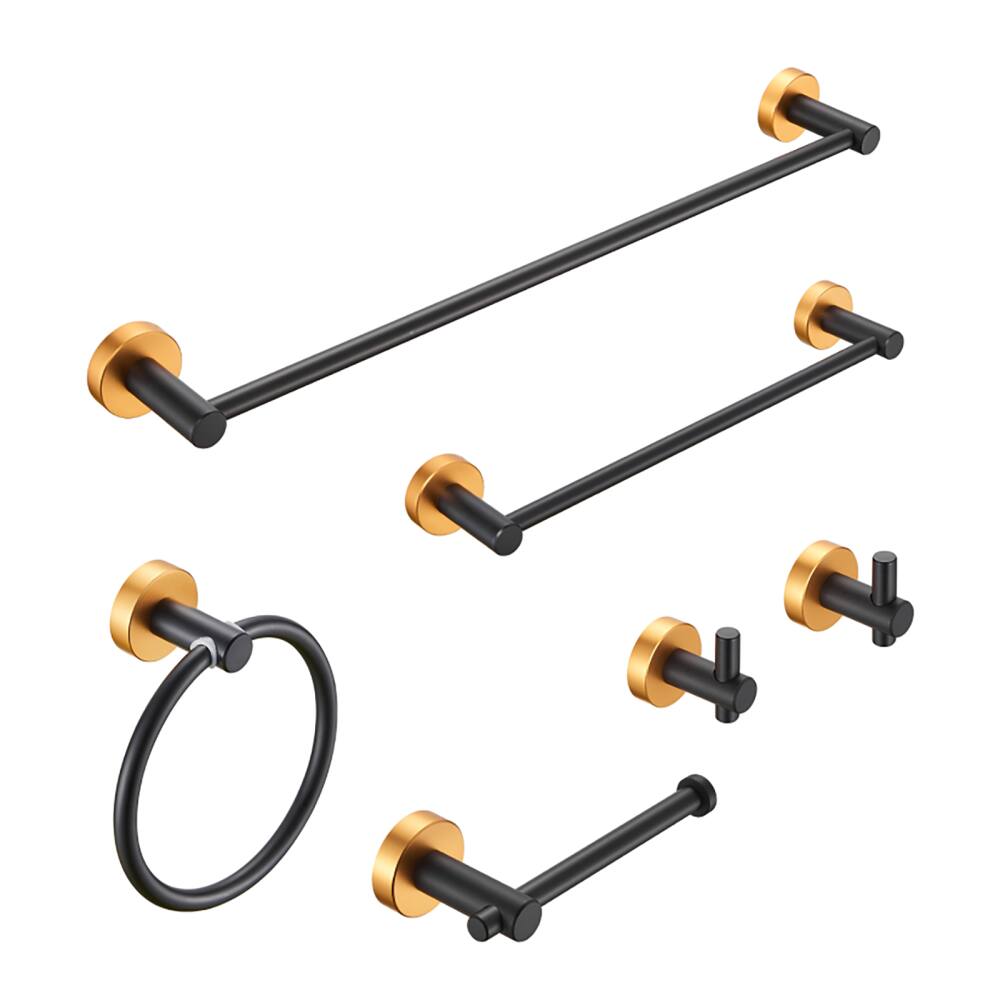 JUJABU - 6 PCS Wall Mounted Bathroom Hardware Set Towel Bar Set Black Gold - Black + Gold