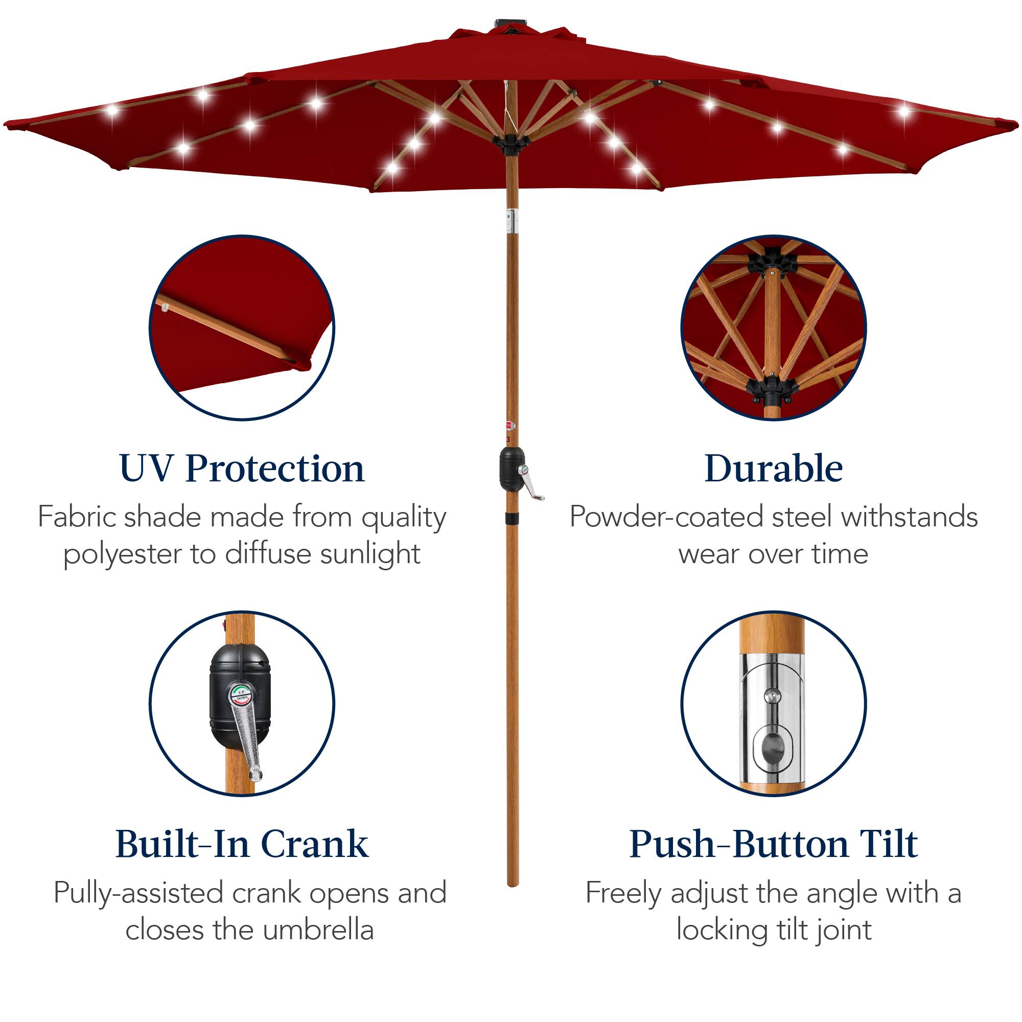 UV Protection: Fabric shade made from quality polyester to diffuse sunlight.

Durable: Powder-coated steel withstands wear over time.

Built-In Crank: Pulley-assisted crank opens and closes the umbrella.

Push-Button Tilt: Freely adjust the angle with a locking tilt joint.
