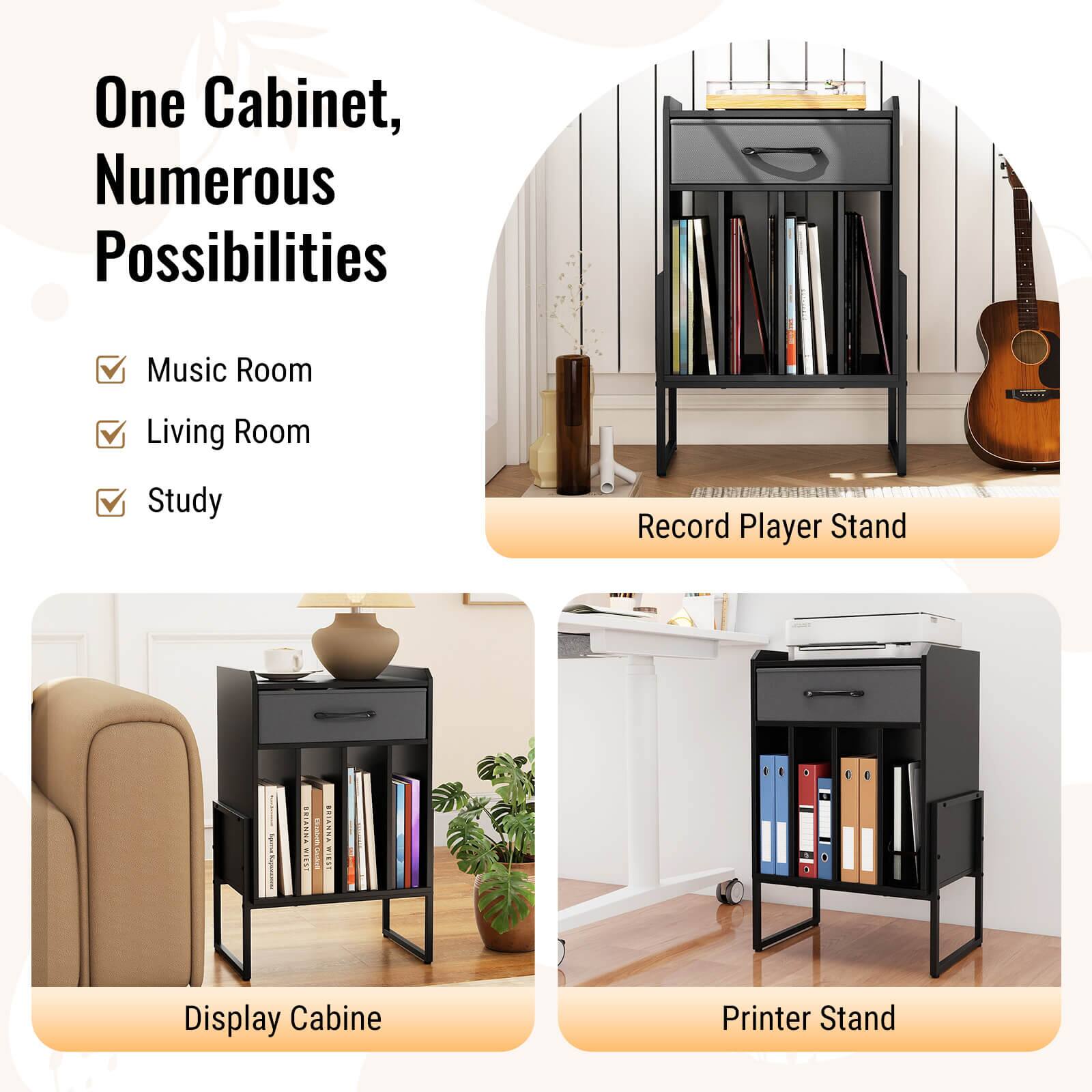 One Cabinet, Numerous Possibilities

- Music Room
- Living Room
- Study

Record Player Stand

Display Cabinet

Printer Stand