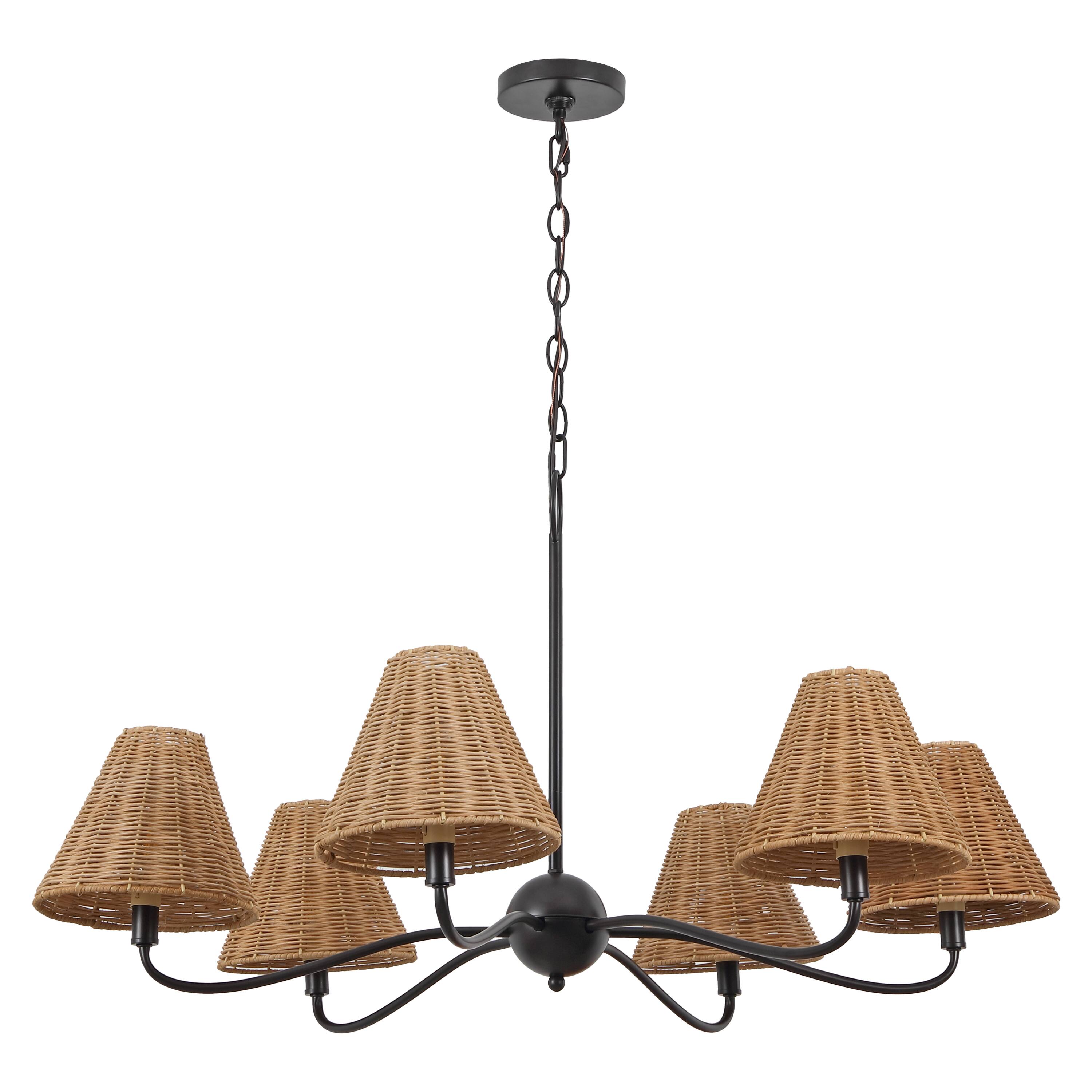 Alt View 7. Jonathan Y - Grady 35" 6-Light Adjustable Swooping Arm Metal with Hand-Woven Rattan Shades LED Chandelier, Black/Brown - Oil Rubbed Bronze.