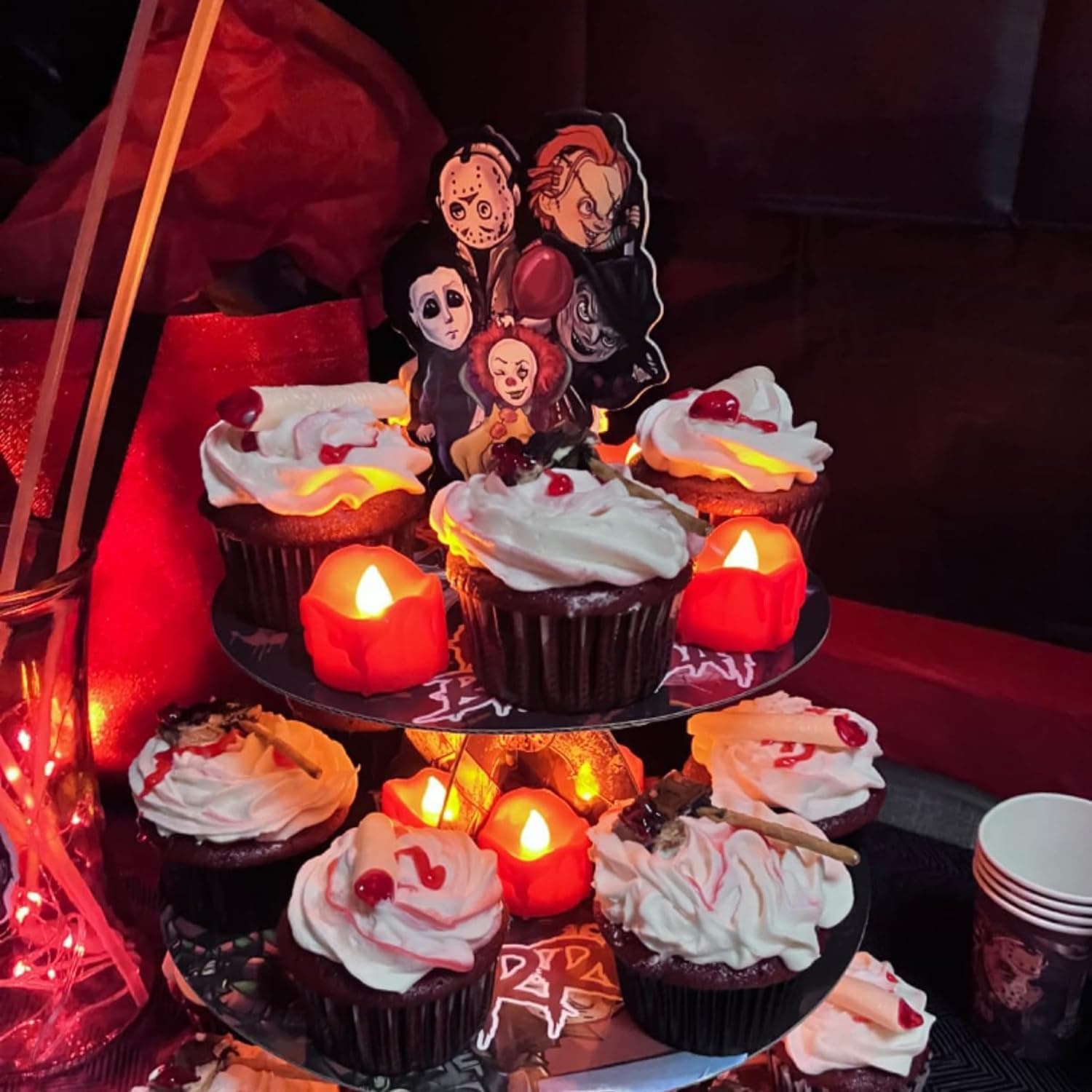 Alt View 1. FINEAK - 24 Pack Melting Red Flameless Tea Lights:Battery-Operated, Halloween Flickering LED, 1.58" Dia x 1.2"H Warm White Glow - Red.