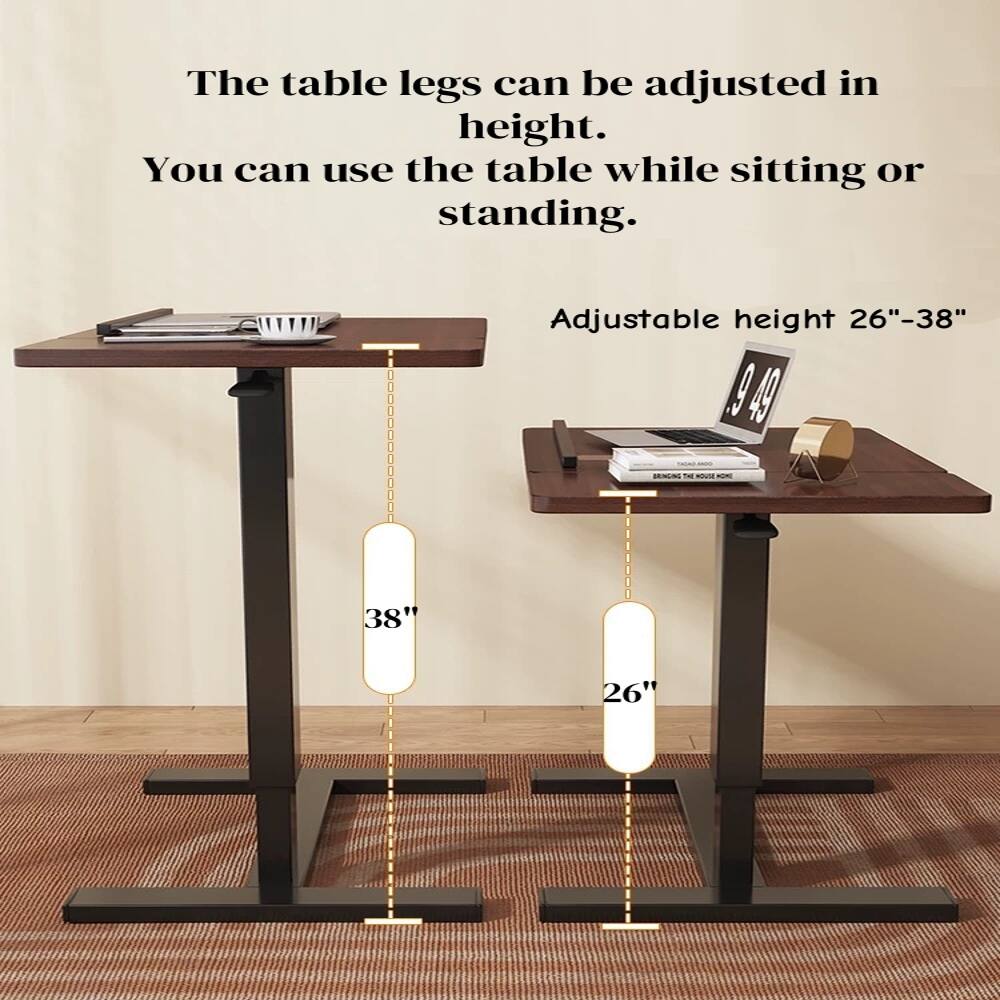 The table legs can be adjusted in height. You can use the table while sitting or standing.

Adjustable height 26"-38"