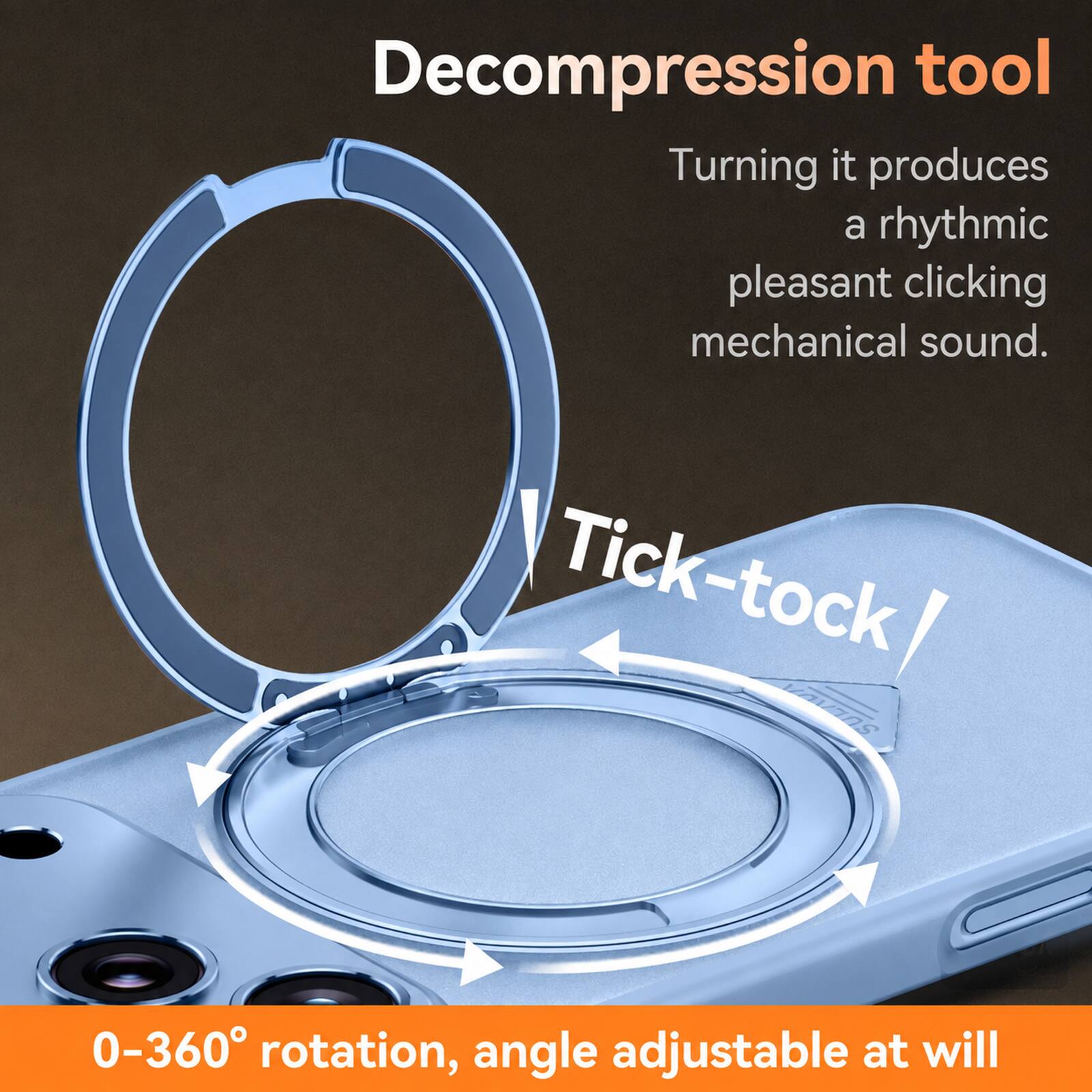 Decompression tool  
Turning it produces a rhythmic pleasant clicking mechanical sound.  
Tick-tock!  
0-360° rotation, angle adjustable at will