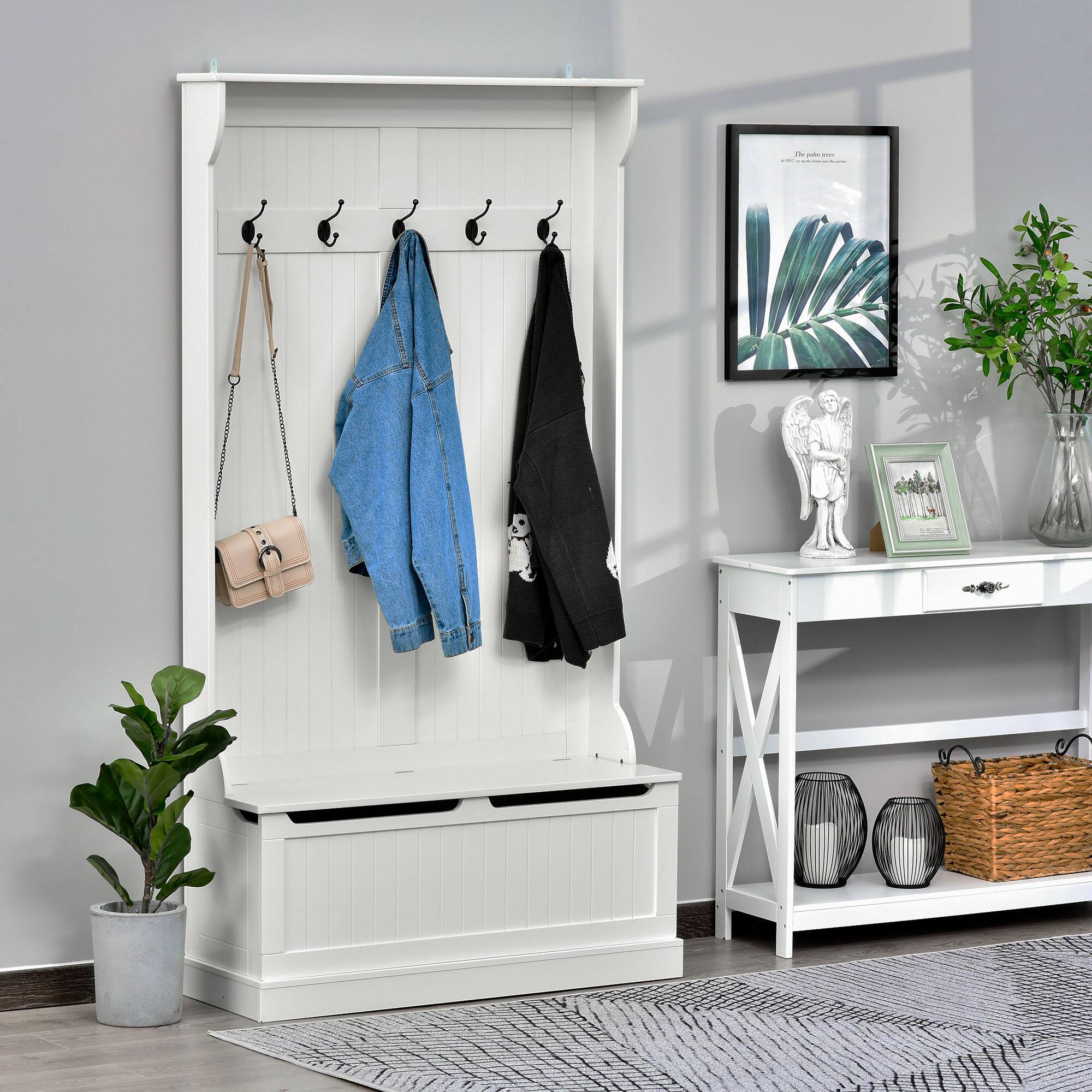 Alt View 8. Homcom - 3-In-1 Hall Tree with Shoe Storage, Standing Coat Rack with Shoe Bench, Entryway Organizer with Five Hooks - Cream White.