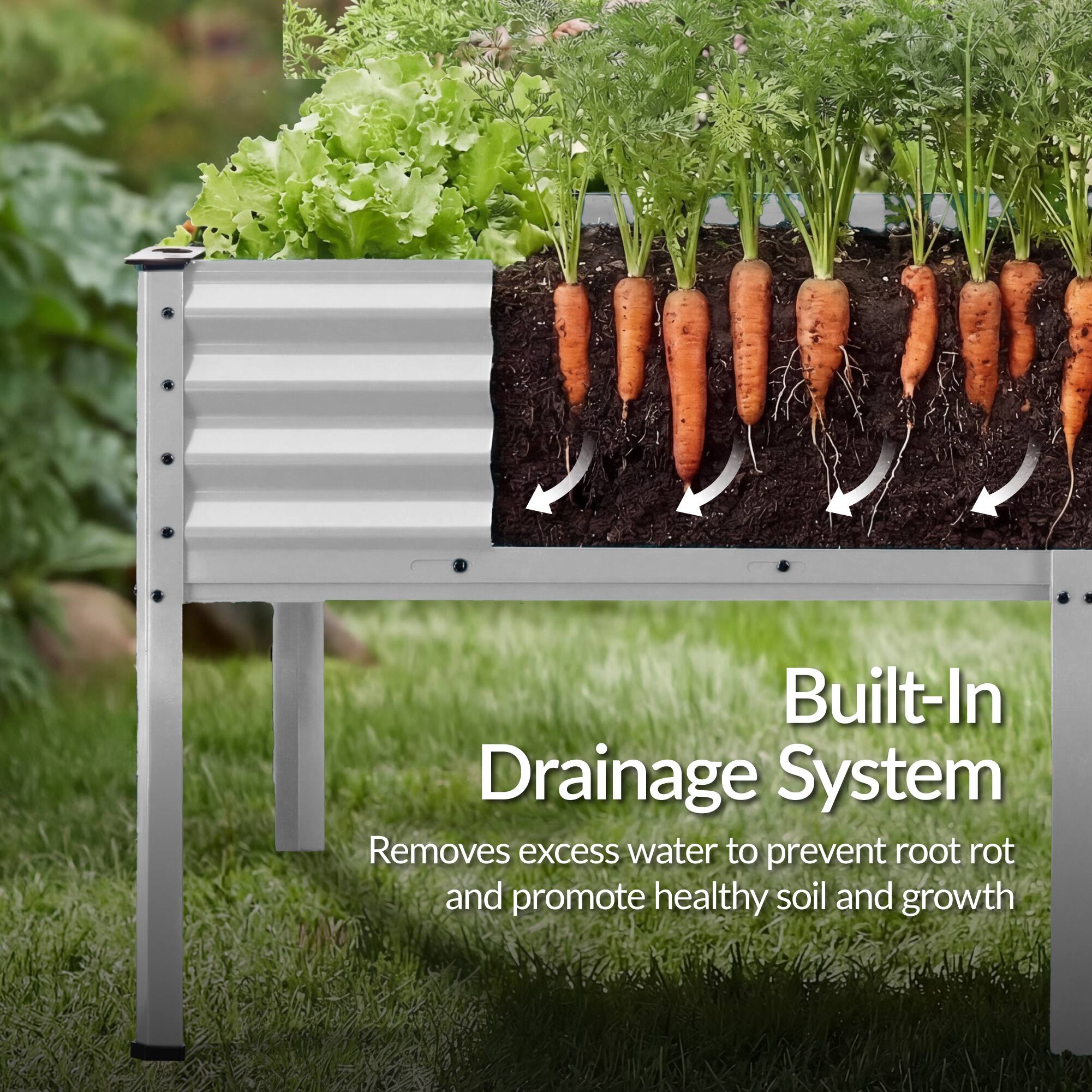 Built-In Drainage System  
Removes excess water to prevent root rot and promote healthy soil and growth