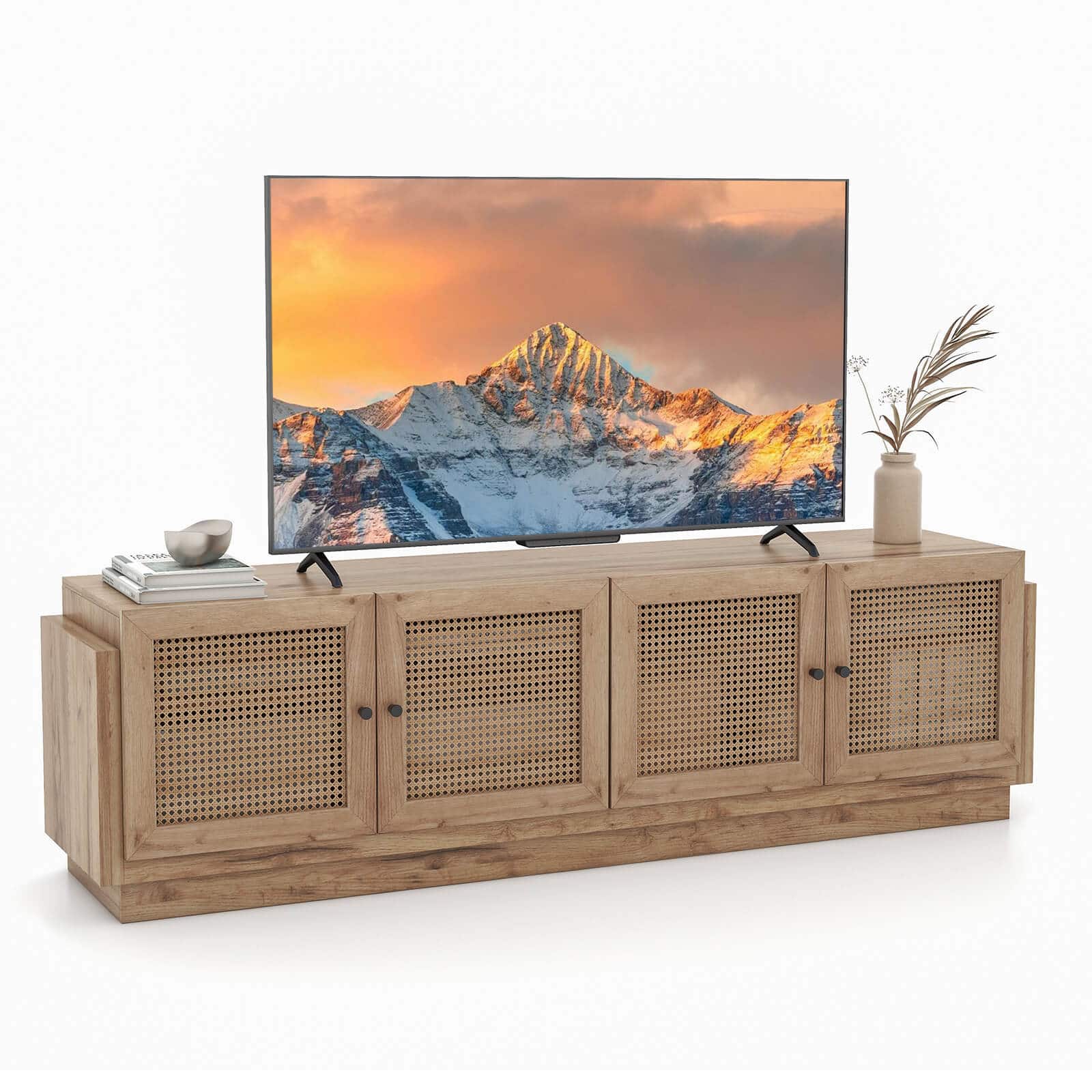 Costway - Farmhouse TV Stand for TVs up to 75" 2 Cabinets and 8 Cable PE Rattan Media Console Table - Oak