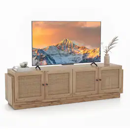 Costway - Farmhouse TV Stand for TVs up to 75" 2 Cabinets and 8 Cable PE Rattan Media Console Table - Oak