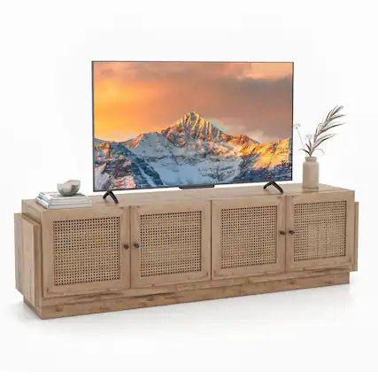 Front. Costway - Costway Farmhouse TV Stand for TVs up to 75" 2 Cabinets and 8 Cable PE Rattan Media Console Table - Oak.