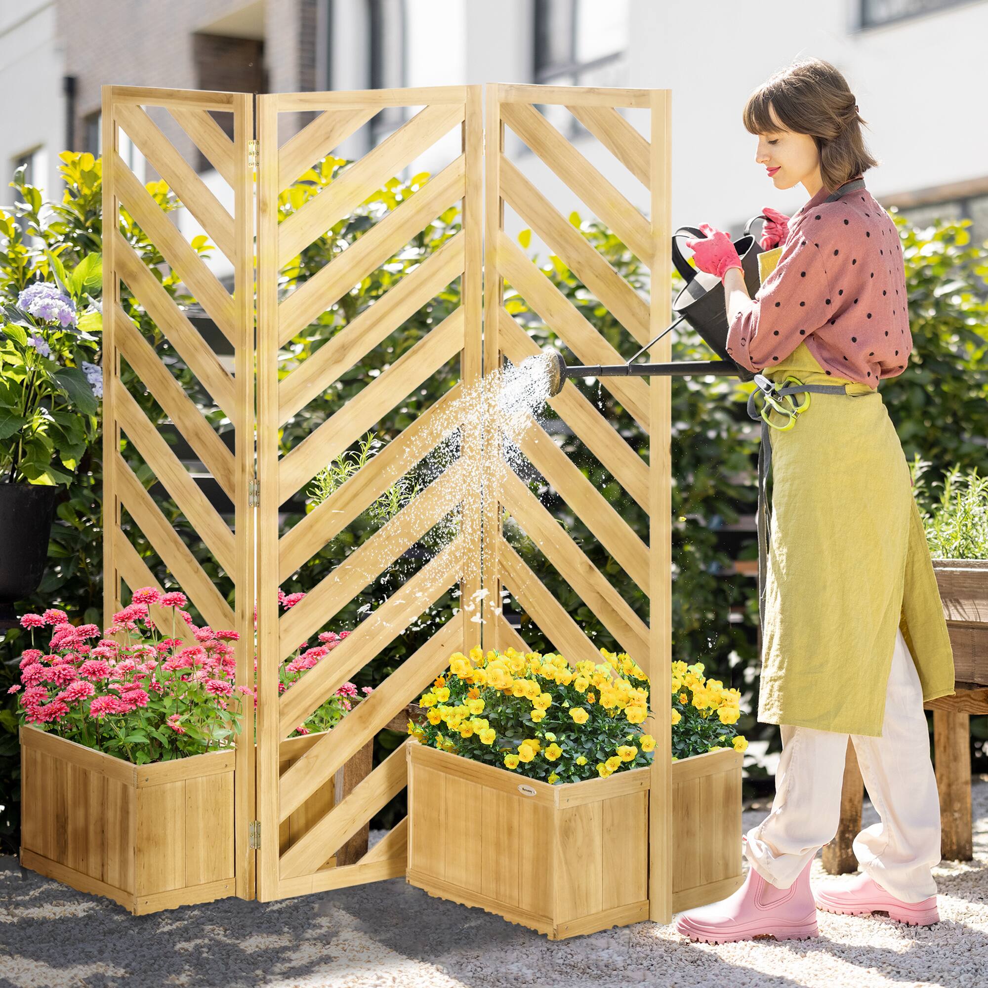 Alt View 1. Outsunny - Decorative Outdoor Privacy Screen, Freestanding Divider/Separator with 4 Self-Draining Planters - Natural wood finish.