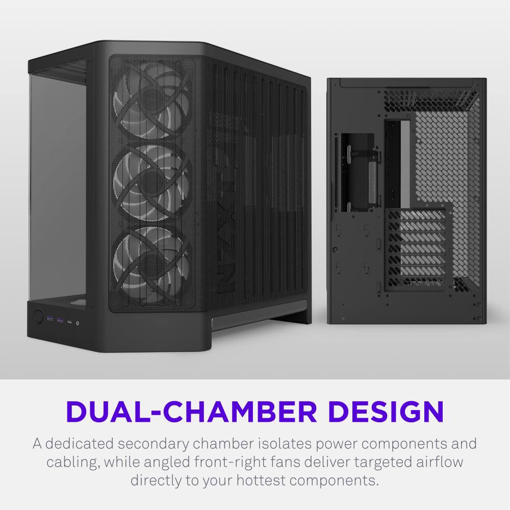 DUAL-CHAMBER DESIGN

A dedicated secondary chamber isolates power components and cabling, while angled front-right fans deliver targeted airflow directly to your hottest components.