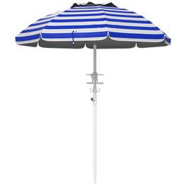 Outsunny - 5.7' Portable Beach Umbrella with Tilt, Adjustable Height, 2 Cup Holders & Hooks, UV 40+ Ruffled Outdoor Umbrella - Blue White Stripe