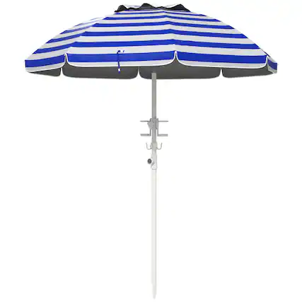 Front. Outsunny - 5.7' Portable Beach Umbrella with Tilt, Adjustable Height, 2 Cup Holders & Hooks, UV 40+ Ruffled Outdoor Umbrella - Blue White Stripe.