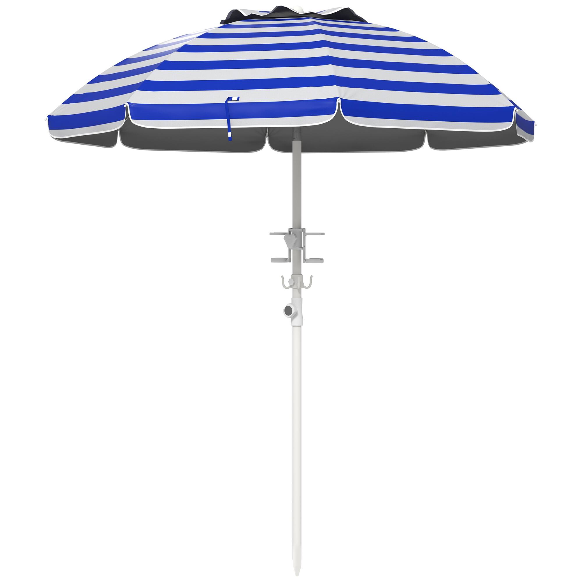 Front. Outsunny - 5.7' Portable Beach Umbrella with Tilt, Adjustable Height, 2 Cup Holders & Hooks, UV 40+ Ruffled Outdoor Umbrella - Blue White Stripe.