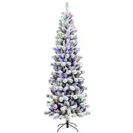 Costway - 8FT Pre-Lit Hinged Christmas Tree Snow Flocked w/ 9 Modes Remote Control Lights - Green/White