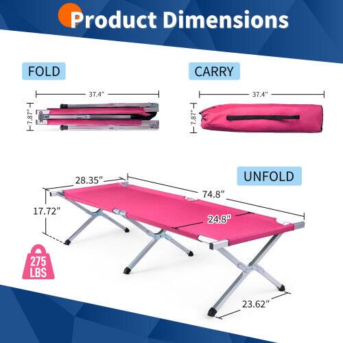 Product Dimensions

FOLD
- 7.87" x 37.4" x 28.35"

CARRY
- 37.4" x 28.35"

UNFOLD
- 74.8" x 24.8" x 23.62"

Weight Capacity: 275 LBS