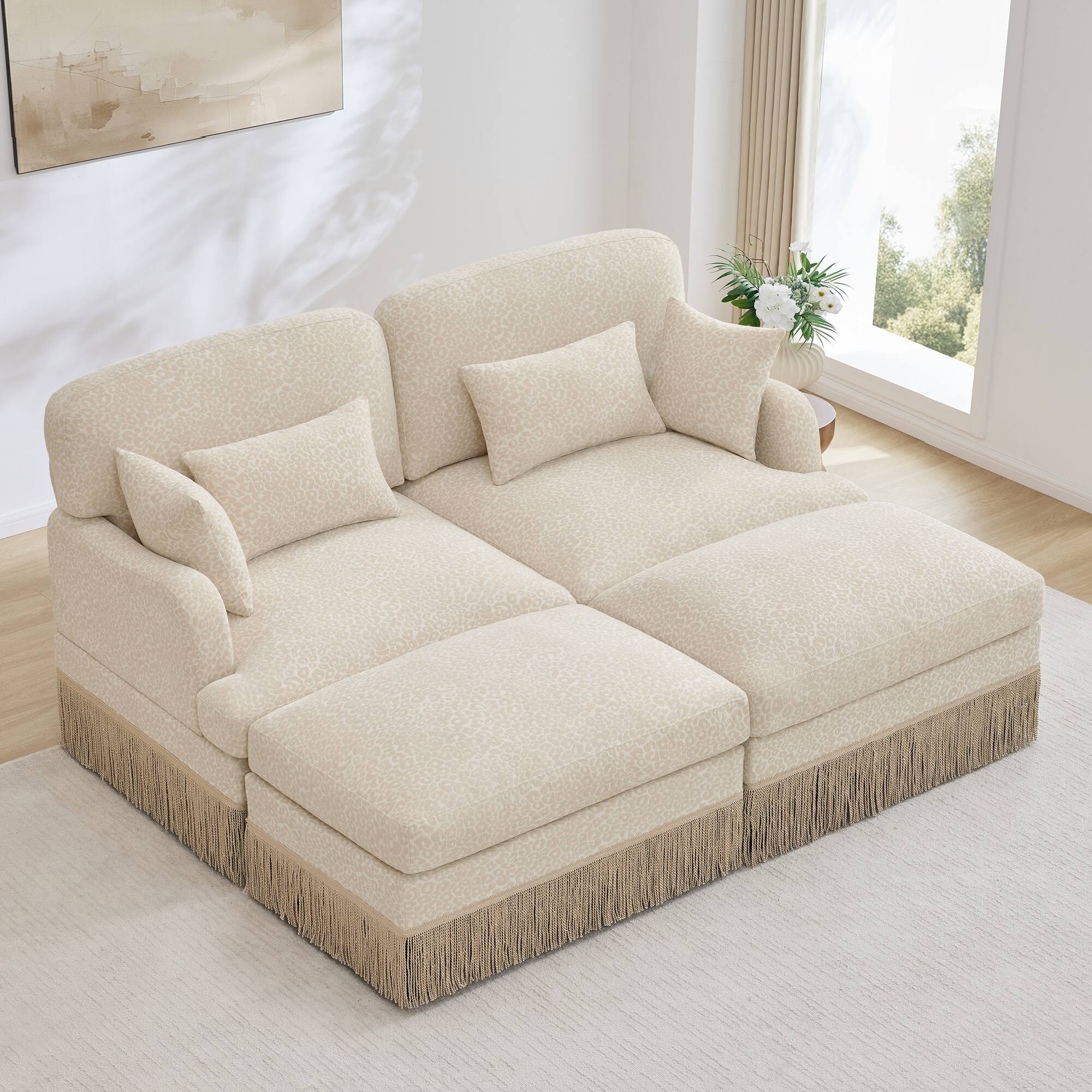 Left. Anysun - Modular Comfy Leopard Printing Loveseat with Exquisite Tassel Trimmings and 2 Movable Ottomans - Beige.