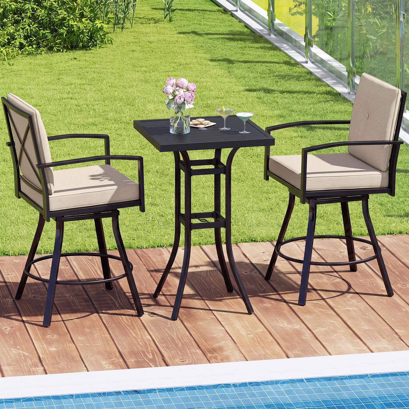 Alt View 3. Costway - Costway 3 Pieces Patio Swivel Bar Set with Soft Cushions & 1.57" Umbrella Hole for Lawn - Black+Beige.
