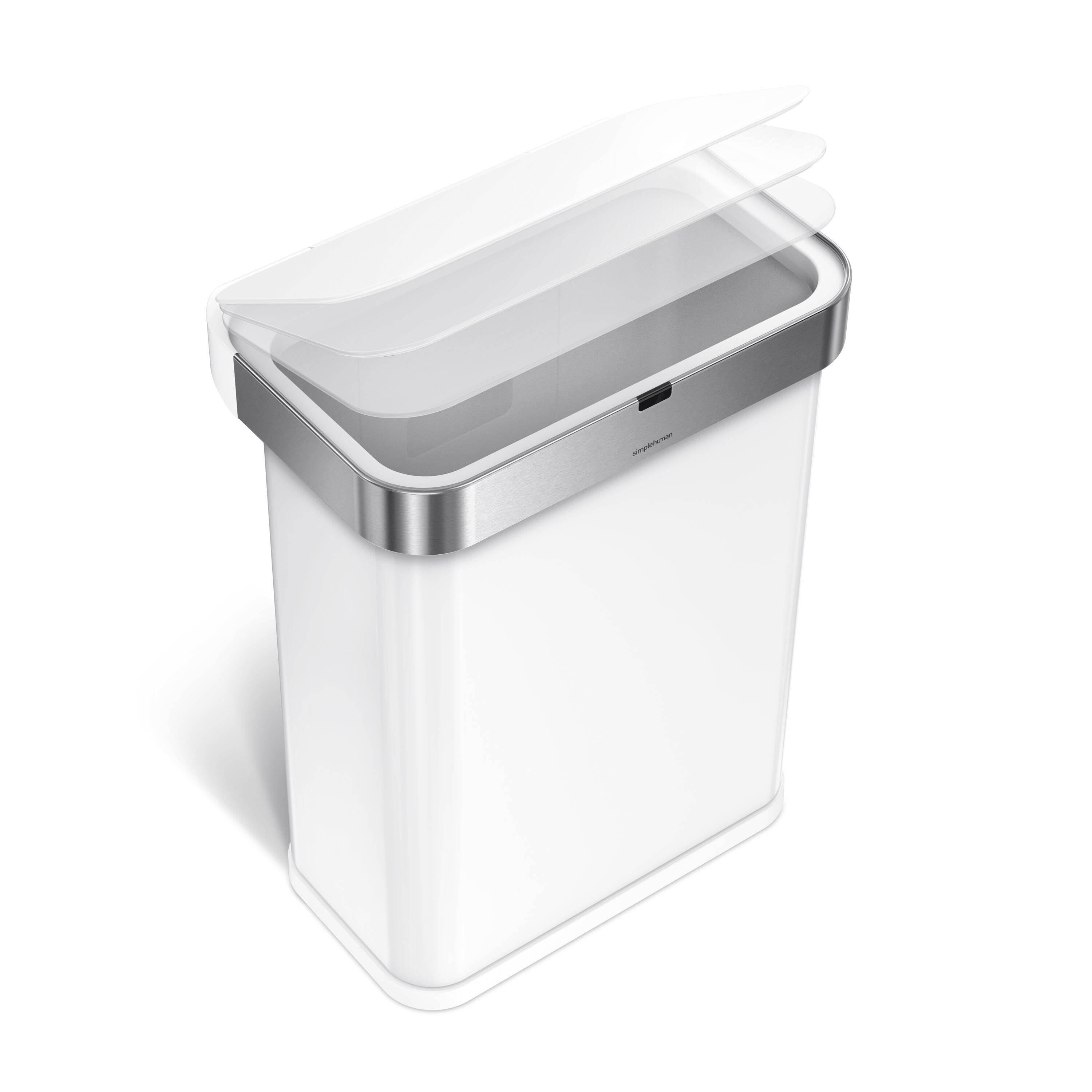 Alt View 2. simplehuman - 58L rectangular sensor can with voice and motion control, white steel - White.