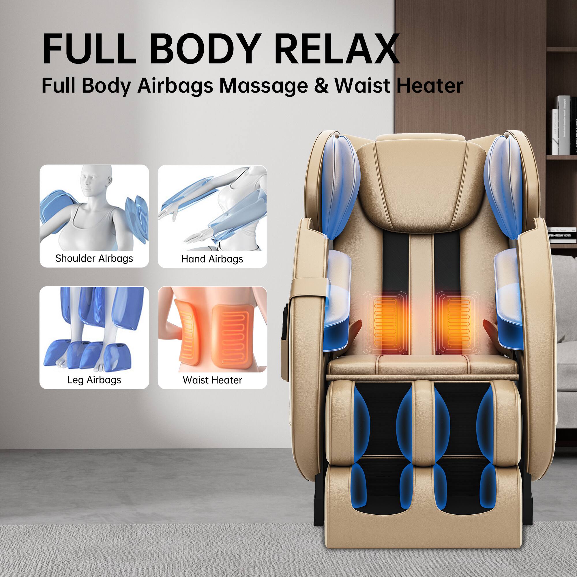 FULL BODY RELAX  
Full Body Airbags Massage & Waist Heater

- Shoulder Airbags
- Hand Airbags
- Leg Airbags
- Waist Heater