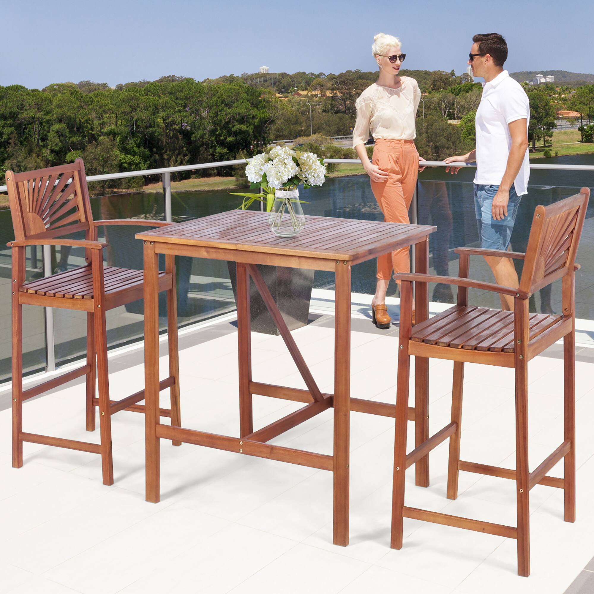 Alt View 2. Costway - Costway 3PCS Bar Set Acacia Wood Bar Height Patio Bistro Dining Set Outdoor - Natural.