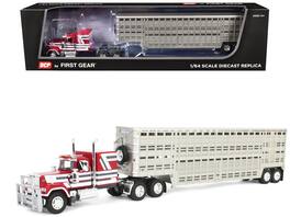 First Gear - Mack Super-Liner with 60 Flat Top Sleeper and 45' Wilson Vintage Livestock Trailer Red with White and Gray Stripes 1/64 - Red , White ,Gray