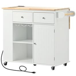 Ecooso - Kitchen Island with Power Outlet, Drop Leaf, Rubber Wood, Open Storage, Wine Rack, 5 Wheels, Adjustable Shelves - White