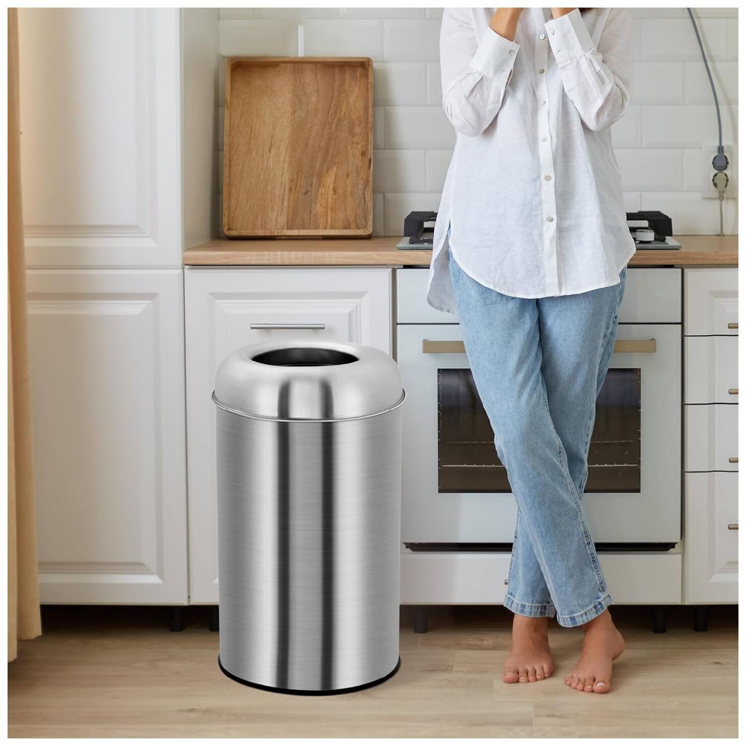 Back. GARVEE - 18.5 Gallon Heavy-Duty Kitchen Trash Can, Brushed Stainless Steel Waste Bin - Silver.