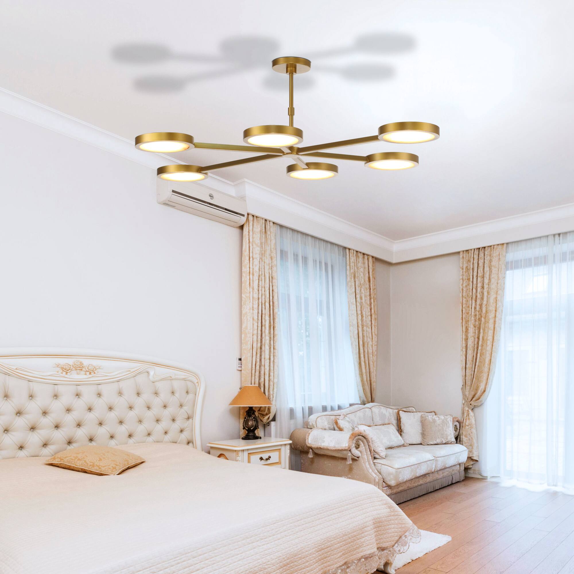 Angle. Perimost - 50'' Modern Gold six Round  LED Pannel Ceiling Light - Gold.