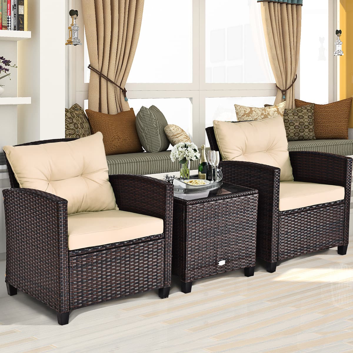 Alt View 5. Costway - 3PCS Patio Rattan Furniture Set Cushioned Conversation Set Sofa Coffee Table - Beige.