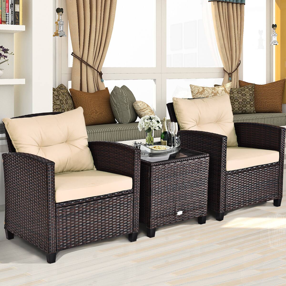 Alt View 5. Costway - 3PCS Patio Rattan Furniture Set Cushioned Conversation Set Sofa Coffee Table - Beige.