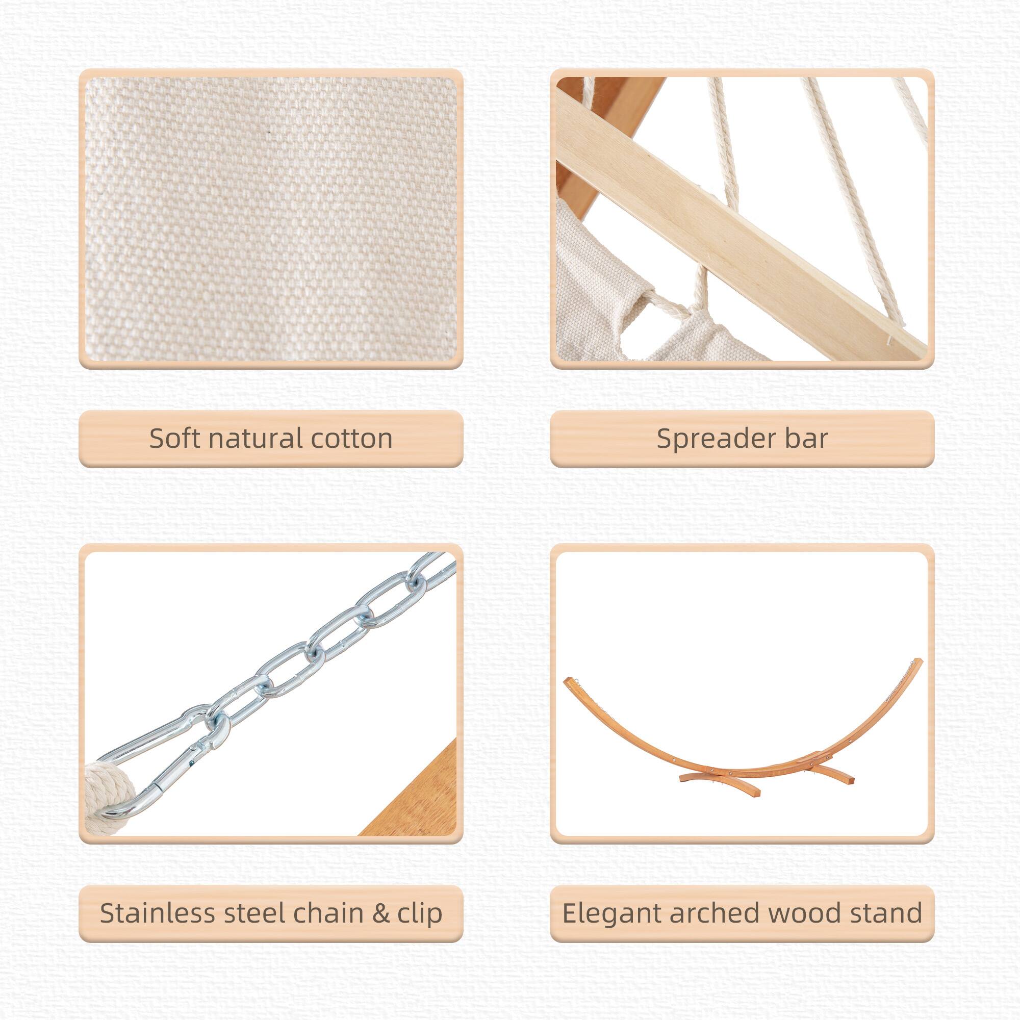 Soft natural cotton, Spreader bar, Stainless steel chain & clip, Elegant arched wood stand