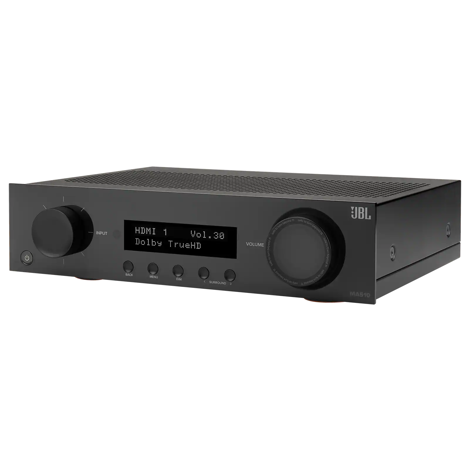 The text on the image reads: "INPUT HDMI 1 Vol.30 30 Dolby TrueHD BACE MN - - - . - . nCtD s VOLUME i I CAoe ! a Eoimolesom Rhoe I a s Mt S JBL MAS10". This text is describing the input settings for a JBL MAS10 sound system. The input is HDMI 1, and the volume is set to 30. The sound system supports Dolby TrueHD and BACE.