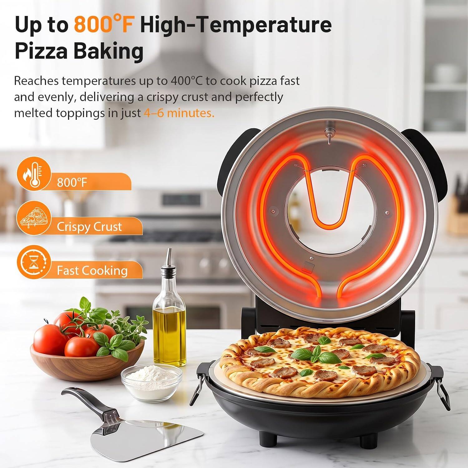 Up to 800°F High-Temperature Pizza Baking

Reaches temperatures up to 400°C to cook pizza fast and evenly, delivering a crispy crust and perfectly melted toppings in just 4-6 minutes.

800°F
Crispy Crust
Fast Cooking