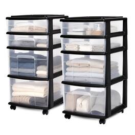 Homz - Plastic 4 Drawer Medium Storage Tower, Clear Drawers & Black Frame (2 Pack)