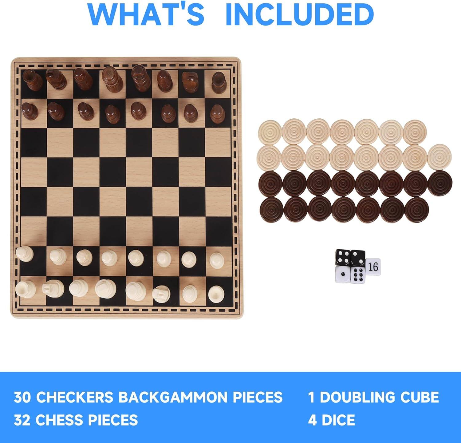 WHAT'S INCLUDED

30 CHECKERS BACKGAMMON PIECES  
32 CHESS PIECES  
1 DOUBLING CUBE  
4 DICE