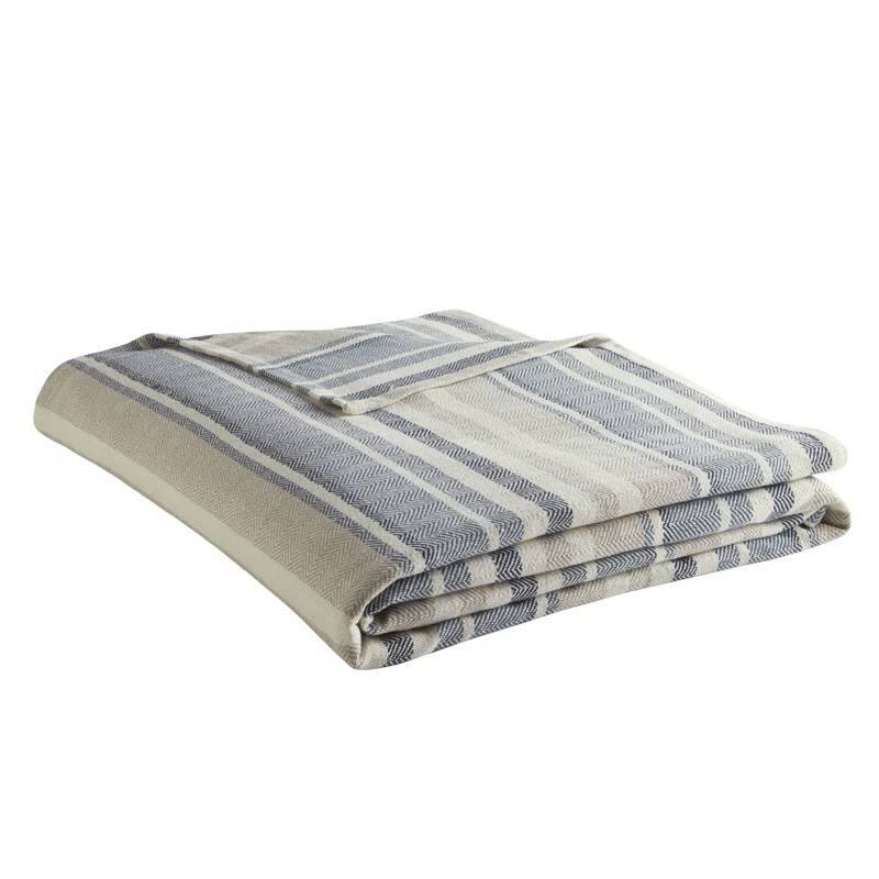 Angle. Hivvago - Twin size Navy Blue Tan Cream Chevron Stripe Lightweight Cotton Blanket - Navy Blue, Tan, Cream.