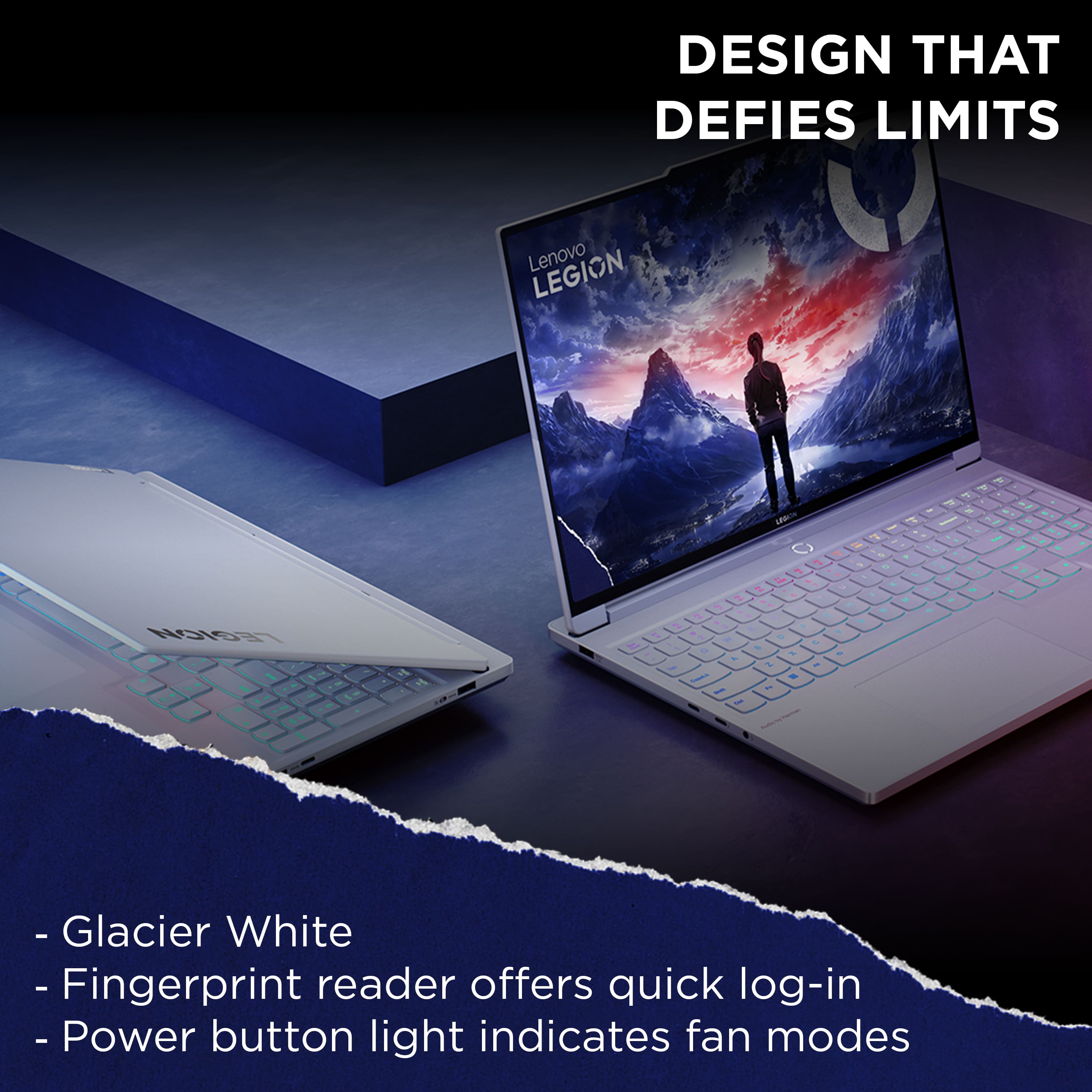 Design that Defies Limits - Lenovo Legion n C - Glacier White - Fingerprint reader offers quick log-in - Power button light indicates fan modes.