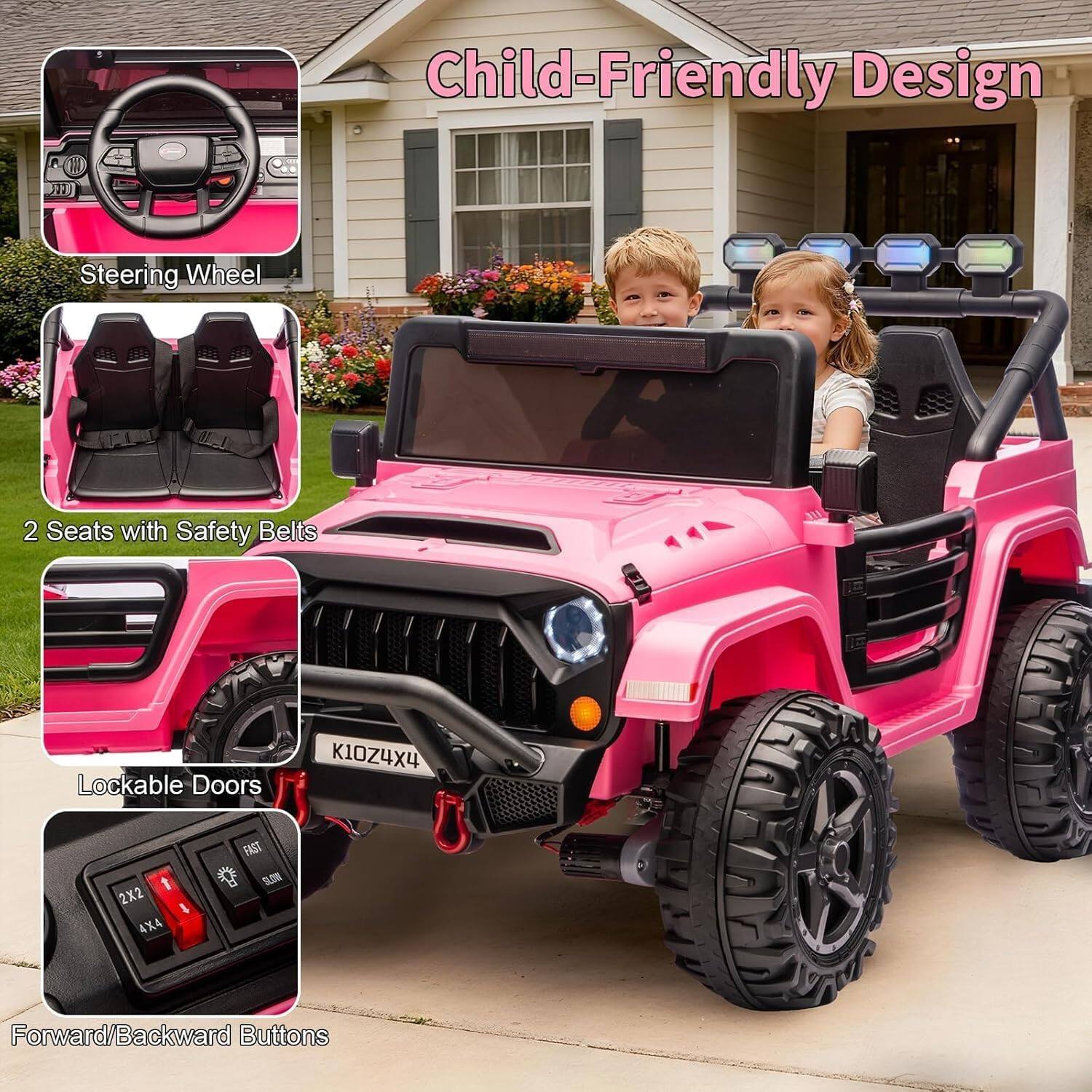 Child-Friendly Design

1. Steering Wheel
2. Seats with Safety Belts
3. Lockable Doors
4. Forward/Backward Buttons

Model: K10Z4X4