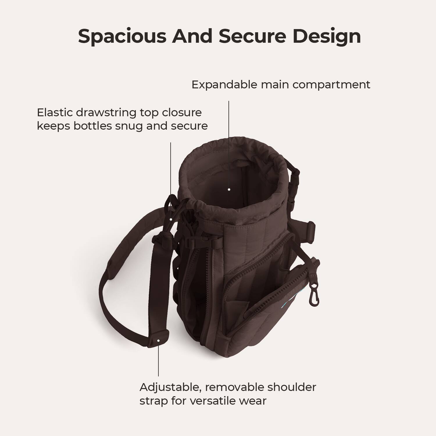 Spacious And Secure Design

- Expandable main compartment
- Elastic drawstring top closure keeps bottles snug and secure
- Adjustable, removable shoulder strap for versatile wear