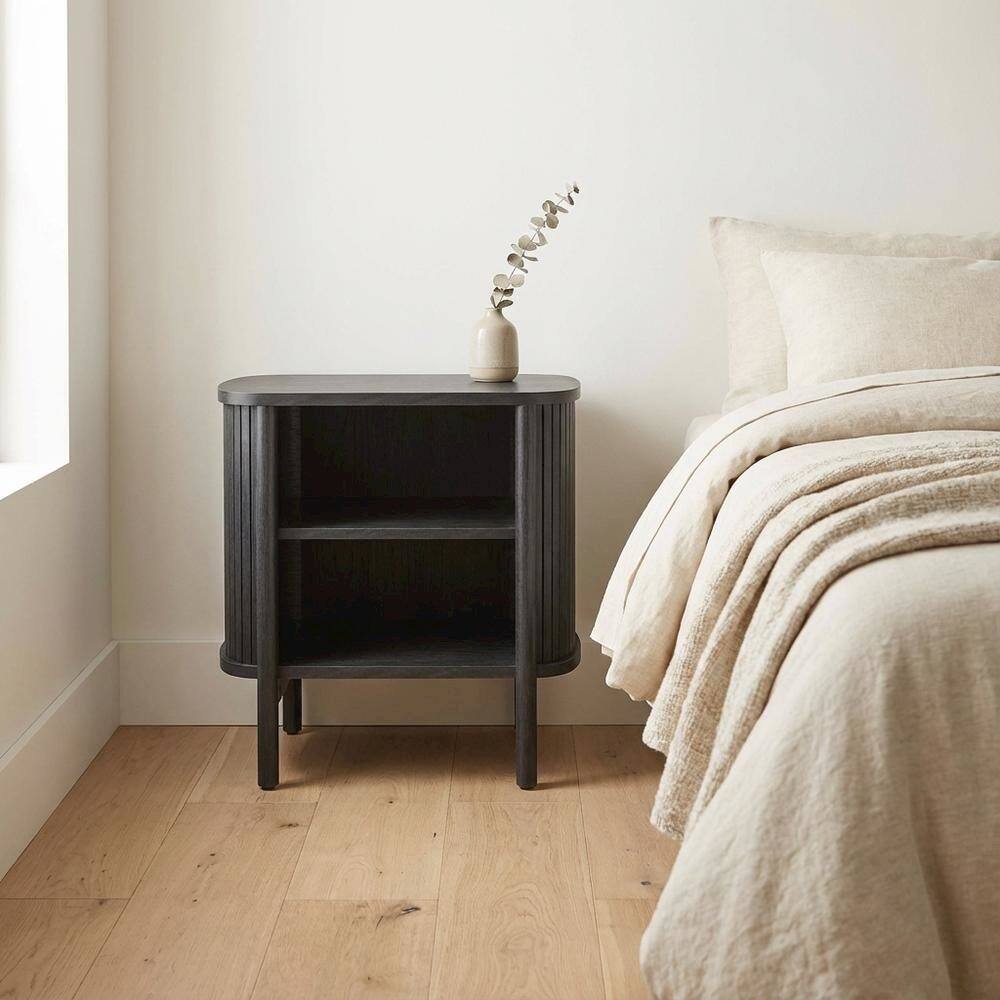 Angle. FurniFact - Nightstand with Open Storage in Black, for Bedroom Living Space - Black.