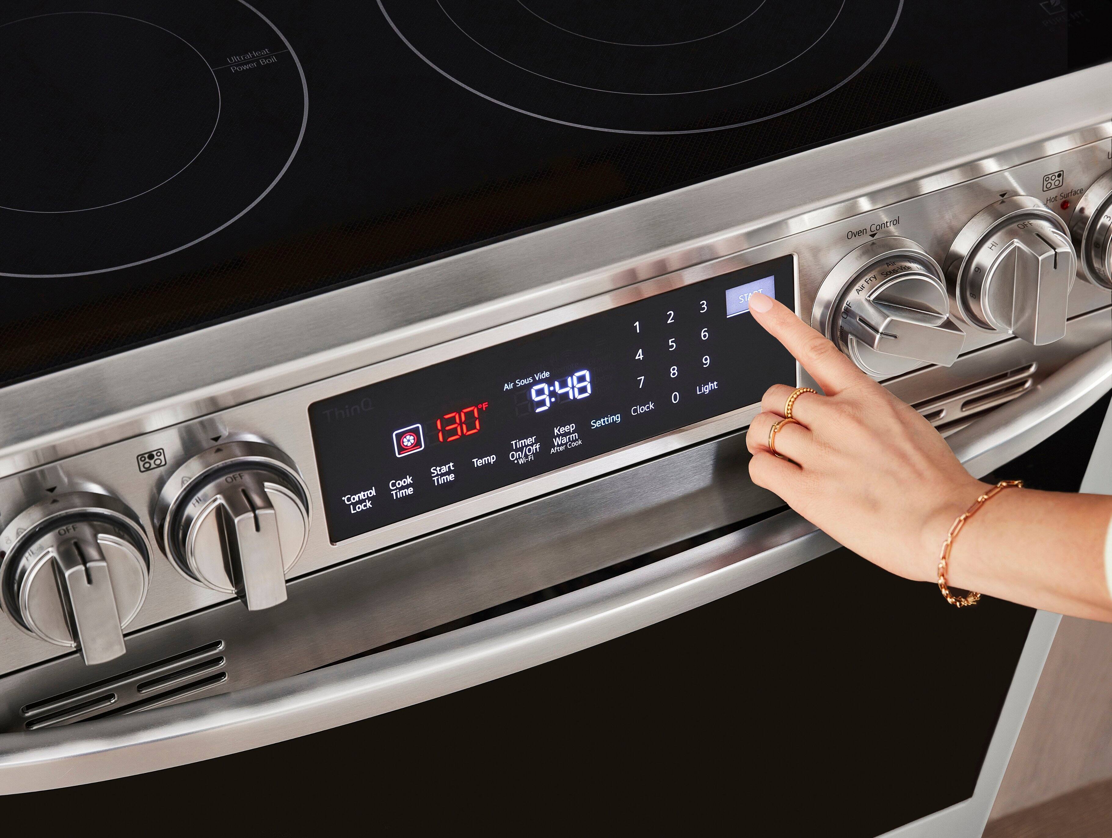 The text on the image reads: "Utratteat Bo Power L OFF g00 FH OFF 2 1 5 4 Vide 8 Air Sous 7 ThinQ 9:48 Clock O 130" Keep Setting Timer Warm Cook On/Off Afber Temp Wi-F Start Cook Time "Control Time Lock 3 6 9 Light START Oven Control Scadlo Tr A dOR 02 Not Surface O."