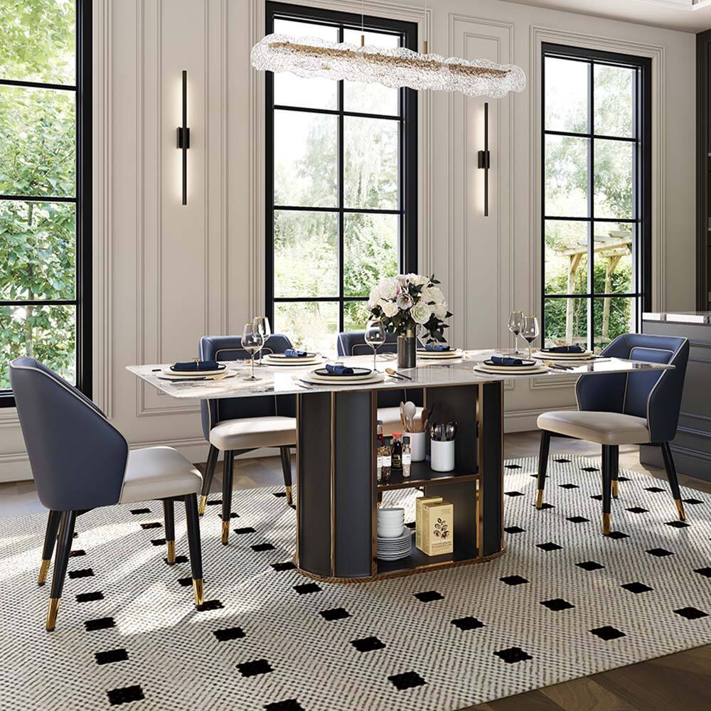 Left. POVISON - 71" Modern Dining Table with Storage for 6, Glossy White Sintered Stone Tabletop Space-Saving Kitchen Dining Room Table - Pandora & Black.