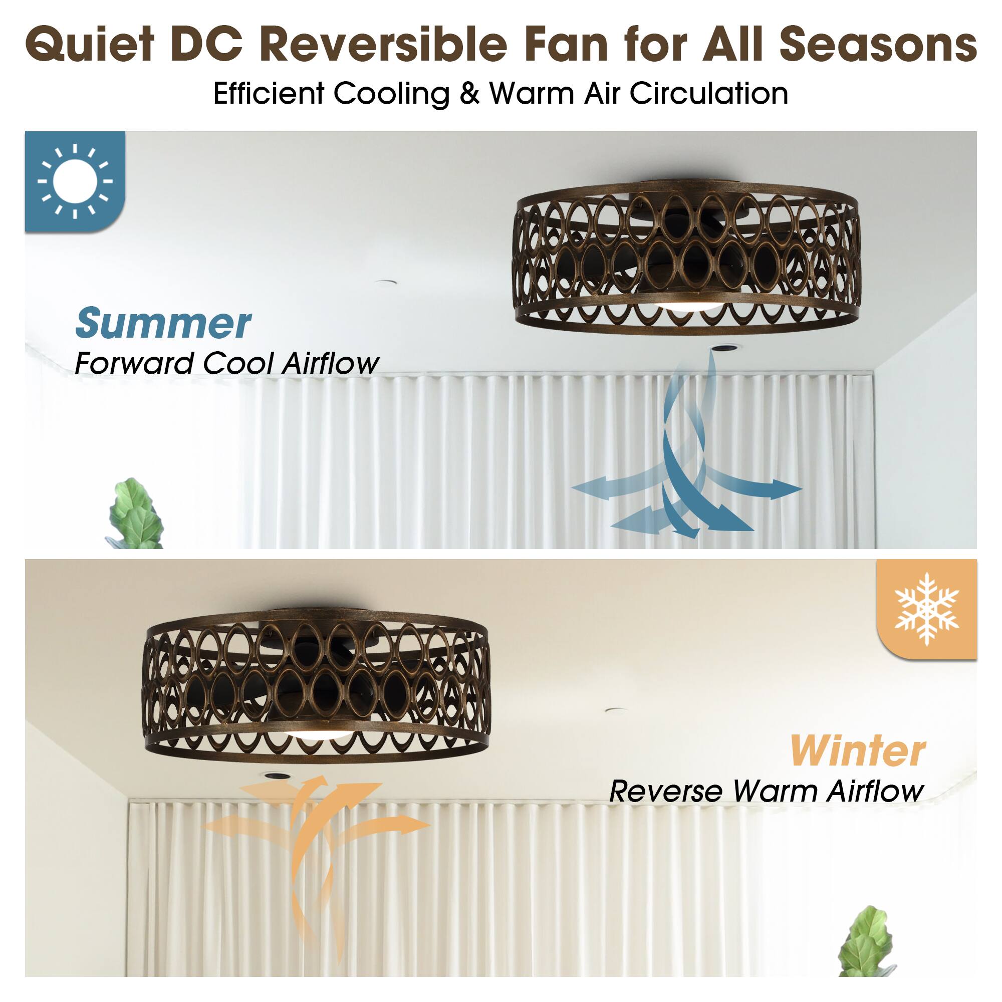 Quiet DC Reversible Fan for All Seasons  
Efficient Cooling & Warm Air Circulation  

Summer  
Forward Cool Airflow  

Winter  
Reverse Warm Airflow