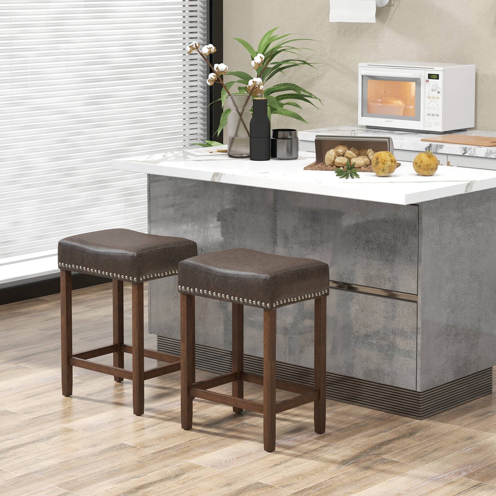 Alt View 1. Costway - 24" Upholstered Bar Stools Set of 2 with Footrests Rubberwood Frame Saddle-shaped - Gray.