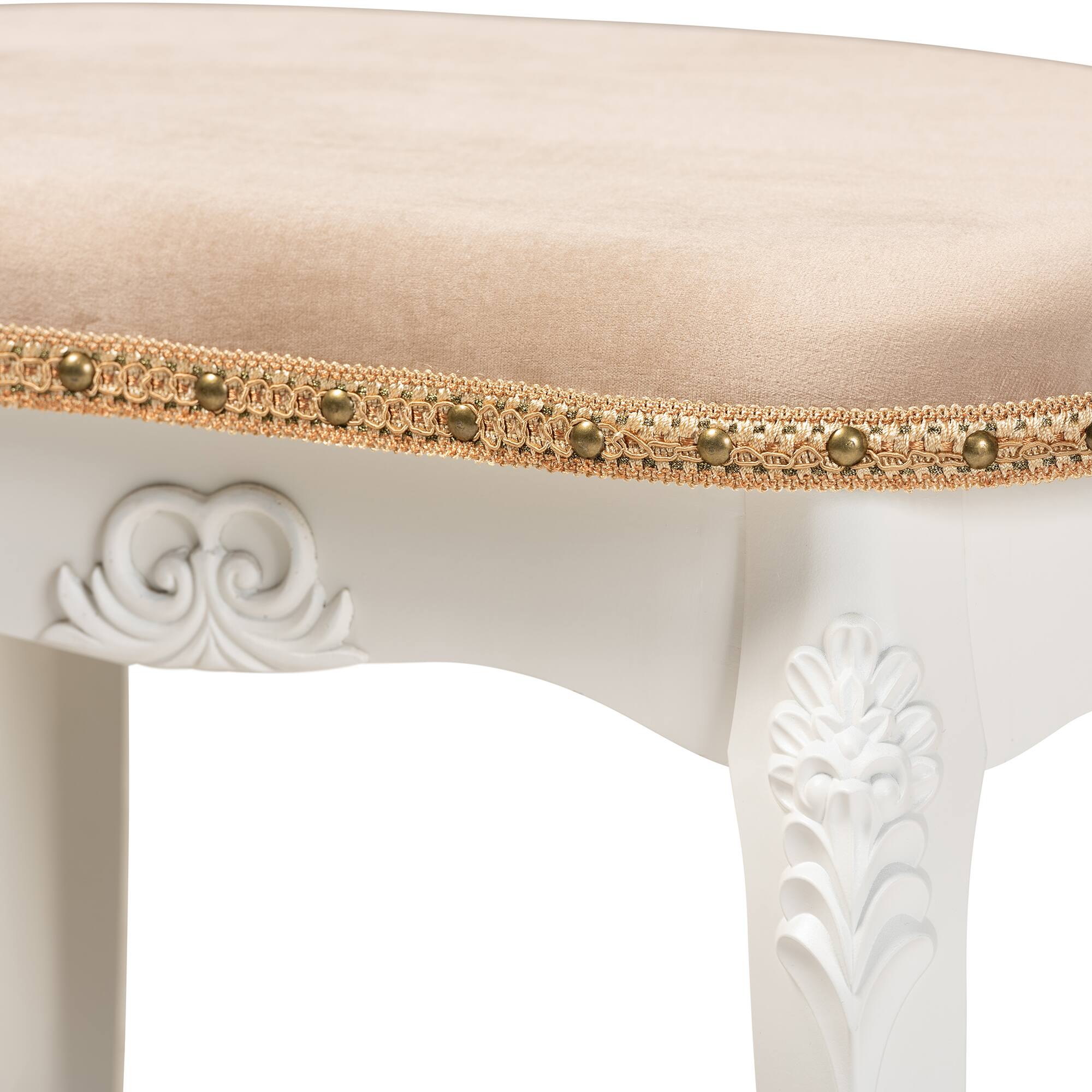 Alt View 1. Baxton Studio - Gabrielle Traditional French Country Provincial Sand Velvet Fabric Upholstered White-Finished Wood Vanity Ottoman - Sand/White/Gold.