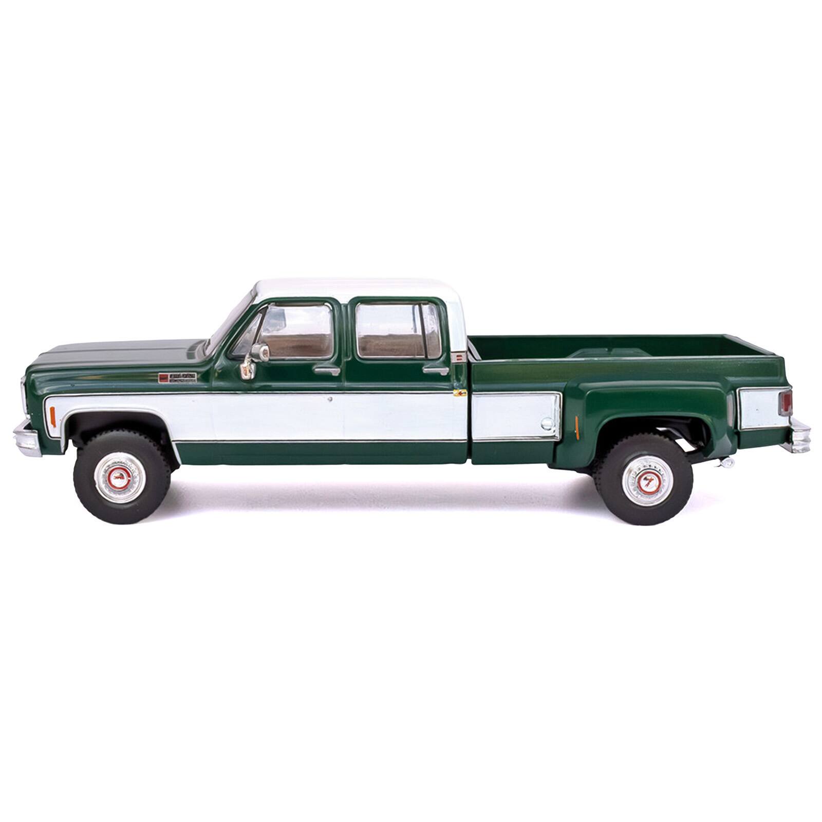 Alt View 2. IXO - 1973 GMC Sierra Grande 3500 Crew Cab Dually Pickup Truck Green and White 1/64 Diecast Model by IXO Models.