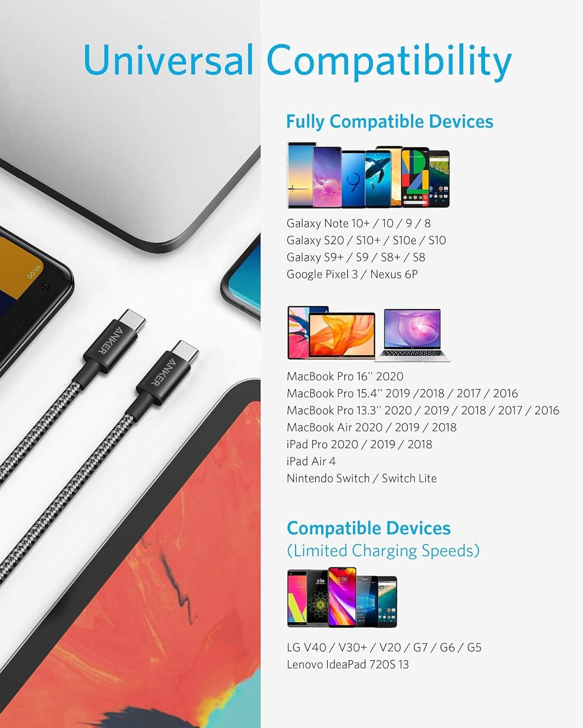 Universal Compatibility

Fully Compatible Devices

- Galaxy Note 10+ / 10 / 9 / 8
- Galaxy S20 / S10+ / S10e / S10
- Galaxy S9+ / S9 / S8+ / S8
- Google Pixel 3 / Nexus 6P
- ANKER
- MacBook Pro 16" 2020
- MacBook Pro 15.4" 2019 / 2018 / 2017 / 2016
- MacBook Pro 13.3" 2020 / 2019 / 2018 / 2017 / 2016
- MacBook Air 2020 / 2019 / 2018
- iPad Pro 2020 / 2019 / 2018
- iPad Air 4
- Nintendo Switch / Switch Lite

Compatible Devices (Limited Charging Speeds)

- LG V40 / V30+ / V20 / G7 / G6
- Lenovo IdeaPad 720S 1