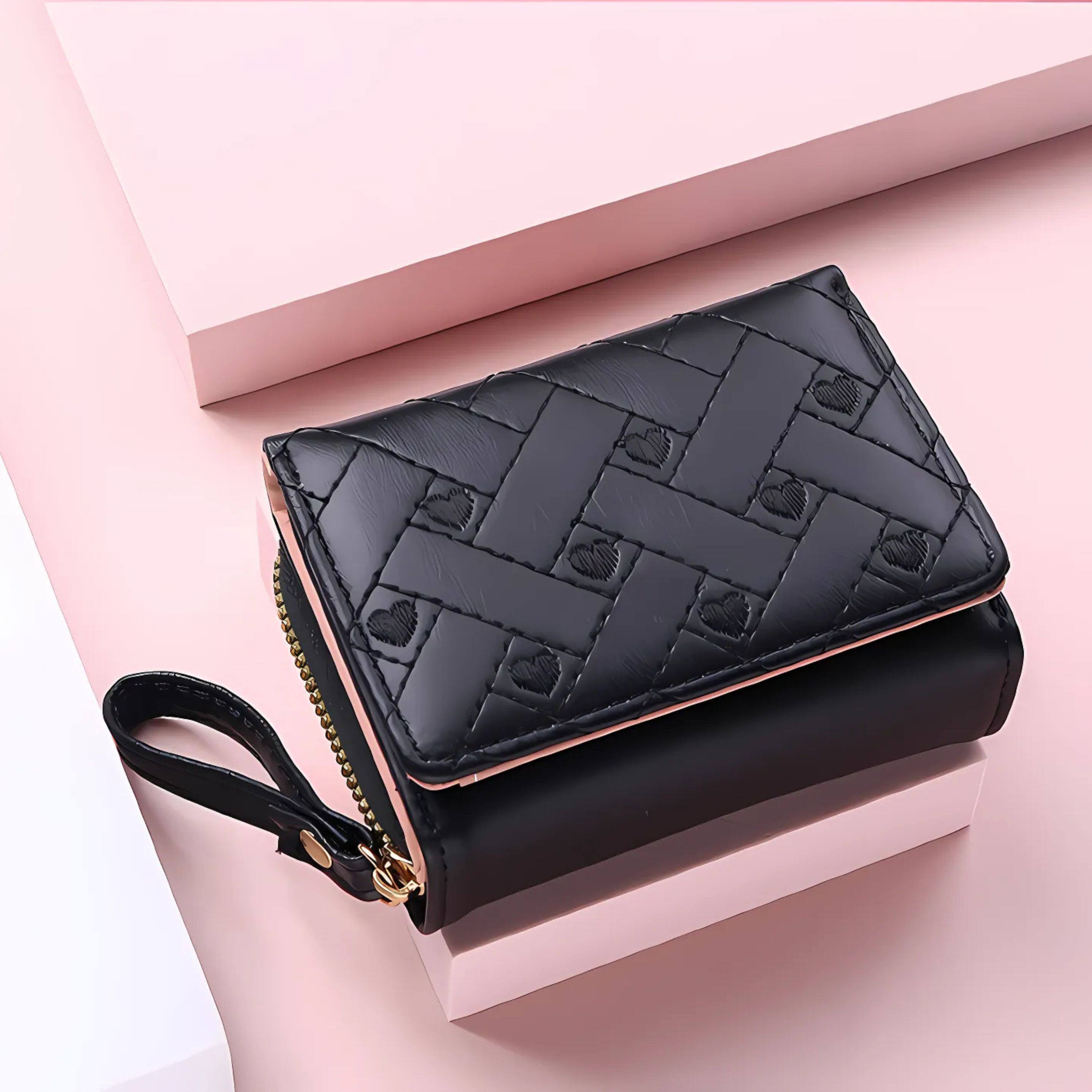 Angle. Kitcheniva - Women's Heart Embroidered Wallet Black - Black.