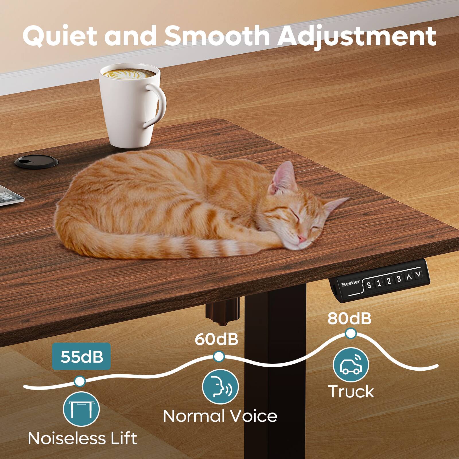 Quiet and Smooth Adjustment:

* V: S123AV
* 2: 3
* Bestier S: 1
* 60dB: 55dB
* Normal Voice: Noiseless Lift
* 80dB: Truck