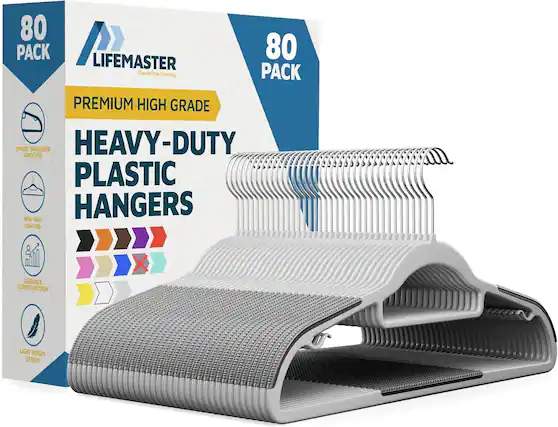 80 PACK 80 LIFEMASTER Elevate Your Everyday PACK PREMIUM HIGH GRADE SMART SHOULDER GROOVES HEAVY-DUTY PLASTIC NON-SLIP HANGERS COATING DURABLE CONSTRUCTION X LIGHT WEIGHT DESIGN